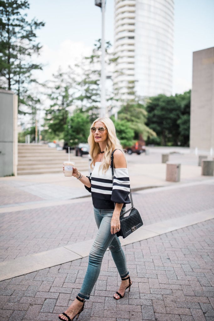 Black and White off the shoulder top, Heather Anderson, Dallas Fashion Blogger 