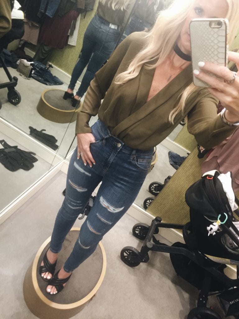 Topshop bodysuit, ripped jeans, high waisted jeans