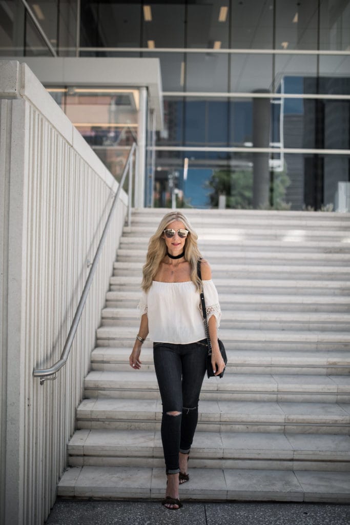 Off the Shoudler Top, Dallas Fashion Blogger, Current Elliott Jeans