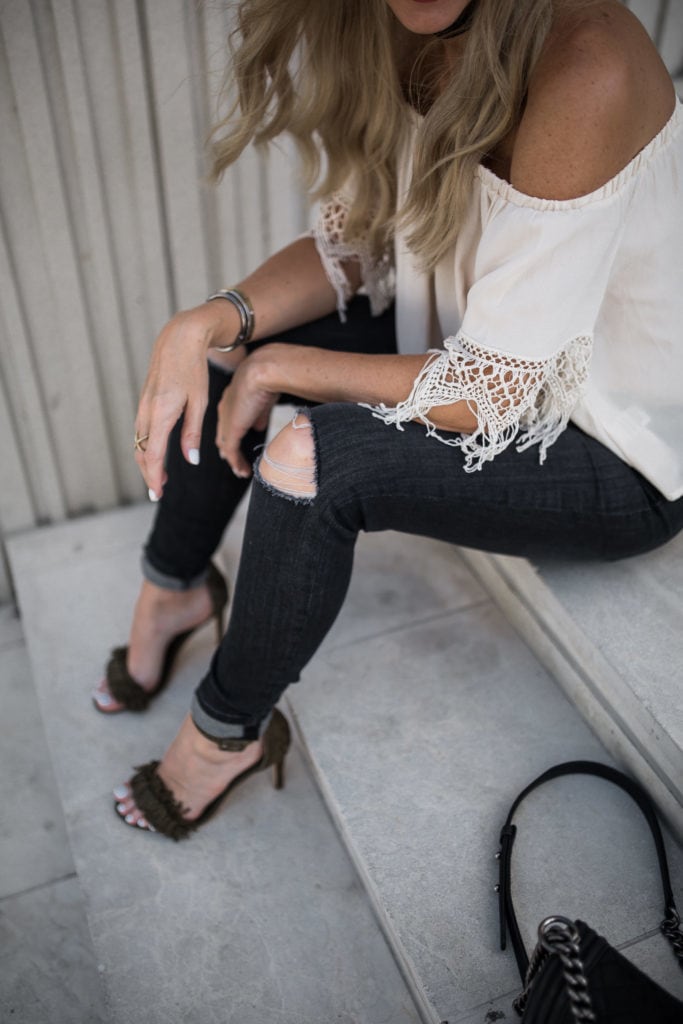 Off the Shoudler Top, Black Ripped Jeans, Joie Fringe Heels 
