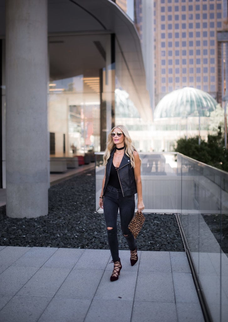 Moto Vest, Dallas Fashion Blogger, Black Ripped Jeans, Lace-Up Heels