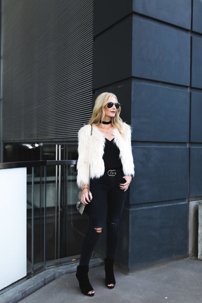 Gucci Belt, Faux Fur Jacket, Black Ripped Jeans, Dallas Fashion Blogger 
