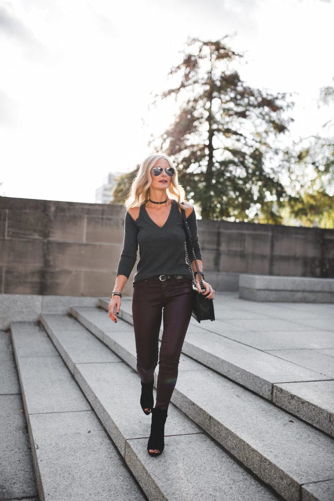 Cold Shoulder Top and Burgundy Leatherette Leggings