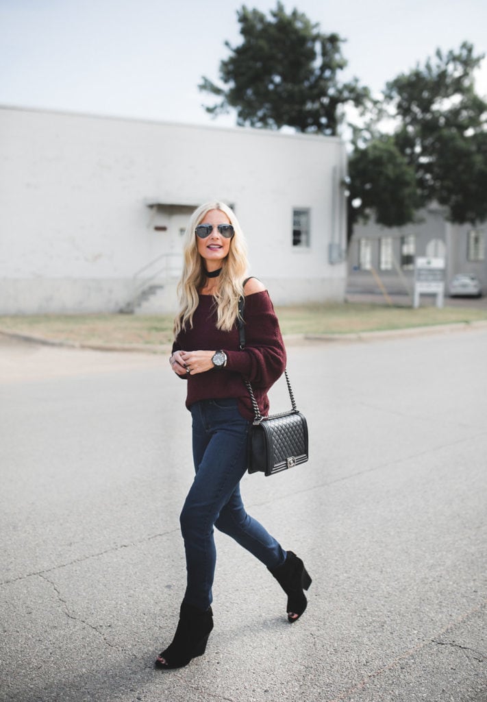 High-rise jeans and off the shoulder sweater