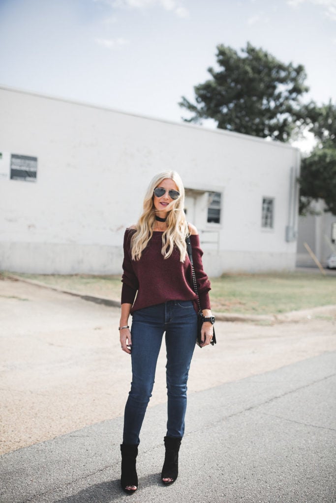 High-rise jeans and off the shoulder sweater