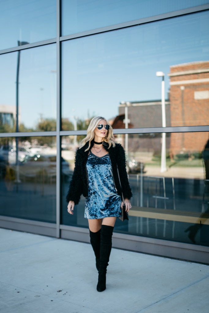 Velvet Slip Dress and Over the Knee Boots