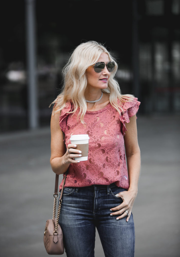 Pink Lace Ruffle Sleeve Top