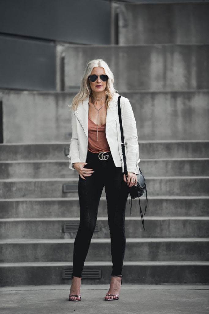 white moto jacket outfit