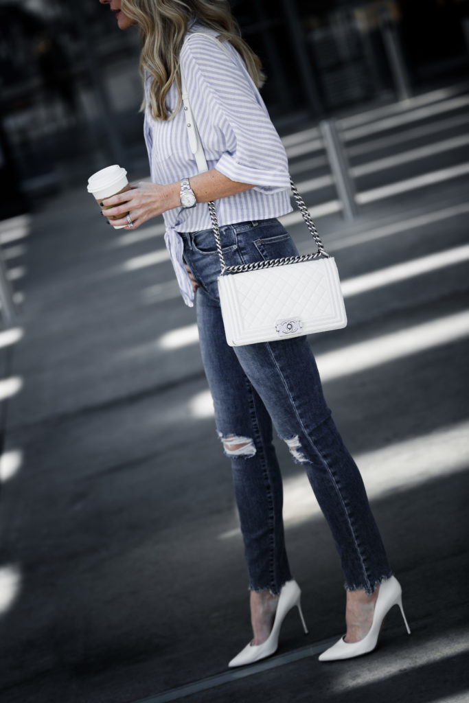 Chanel Boy Bag, White Pumps, Striped Top