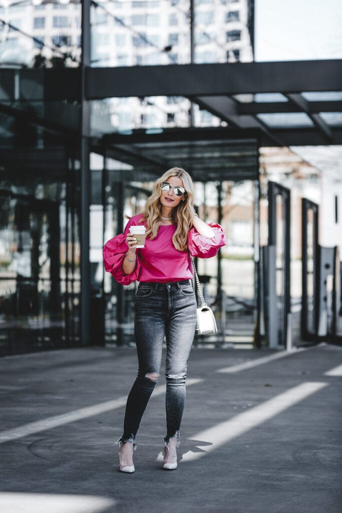 Statement Sleeve Top, So Heather, White Pumps
