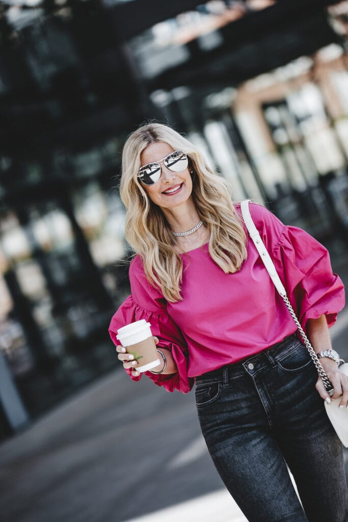 Hot Pink top, Ripped Jeans, So Heather
