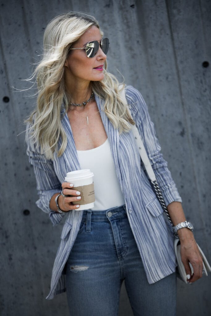 Dallas Fashion Blogger wearing ripped and striped blazer