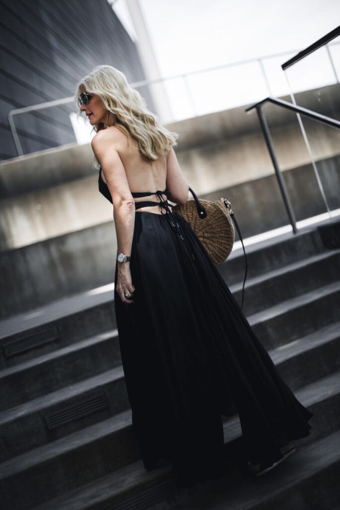 Black Maxi dress and straw bag