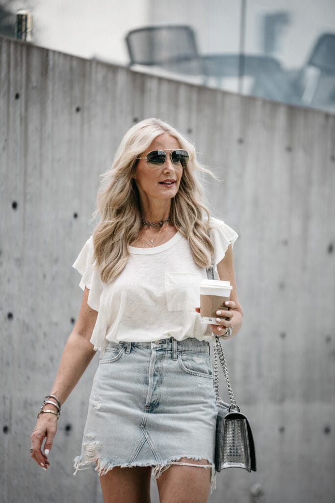 a line ripped denim skirt and linen tee