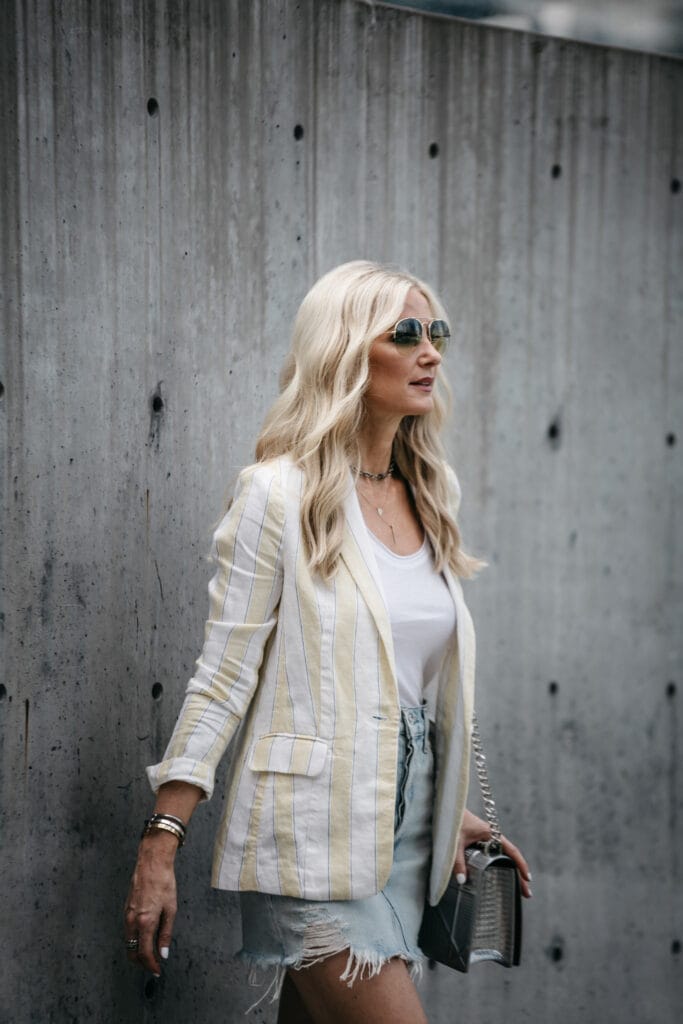 Frame denim blazer and denim skirt