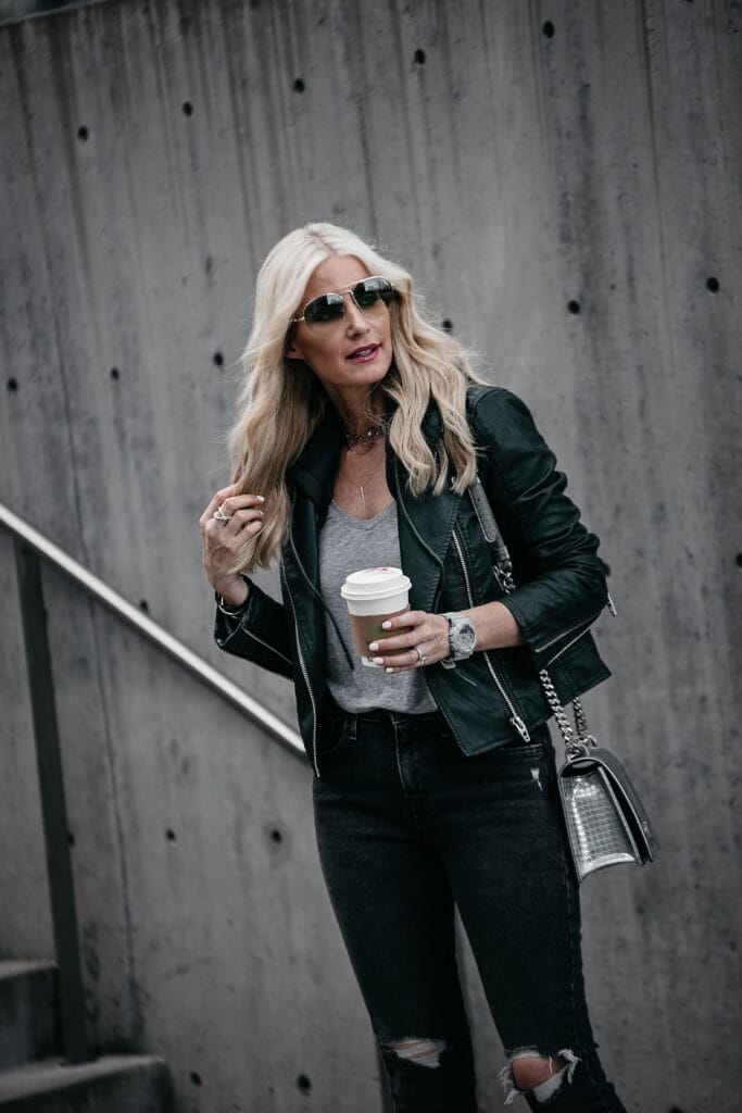 Ripped Levi's and Blanknyc faux leather jacket