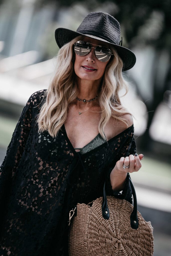 Dallas fashion blogger wearing black lace cover up