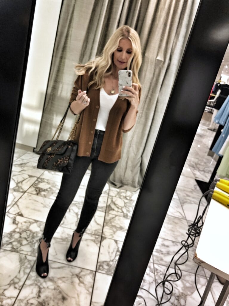 Dallas style blogger wearing a camel cardigan