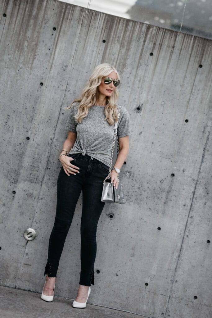Topshop gray tee on Dallas blonde girl