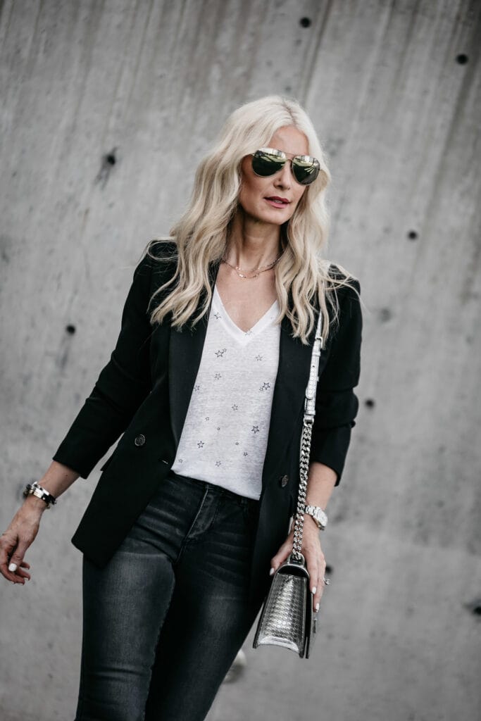 Blonde girl wearing J Crew Blazer