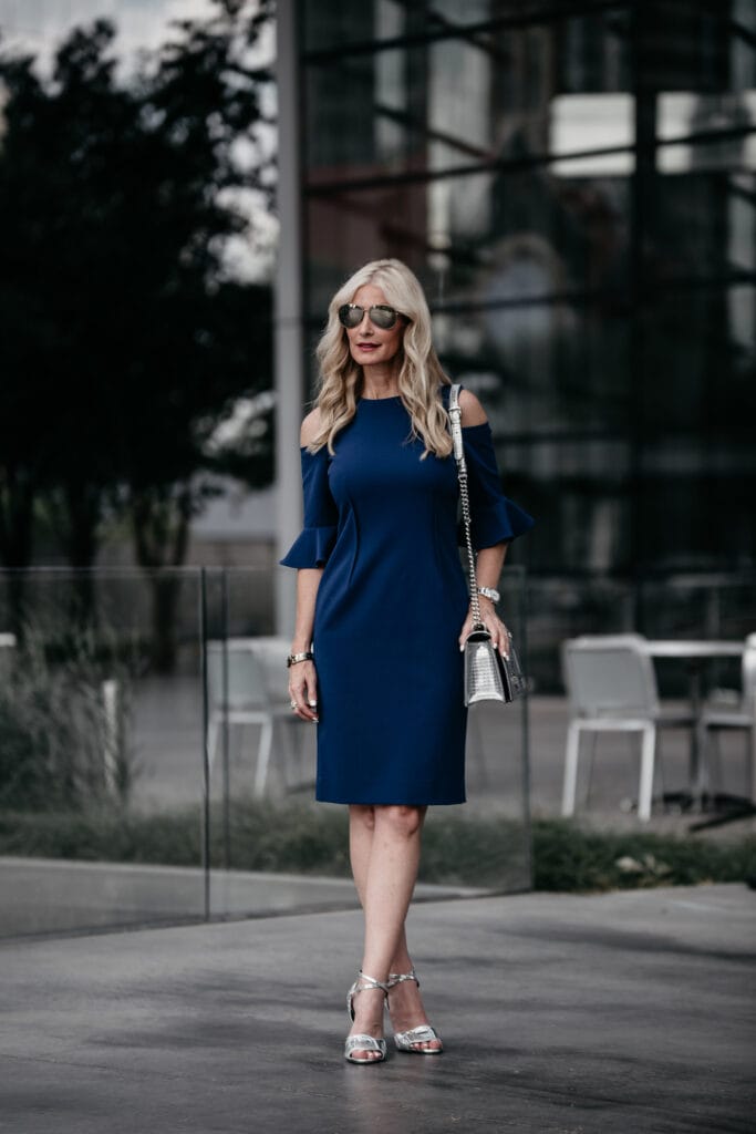 Dallas style blogger wearing cold shoulder dress and Veronica Beard heels