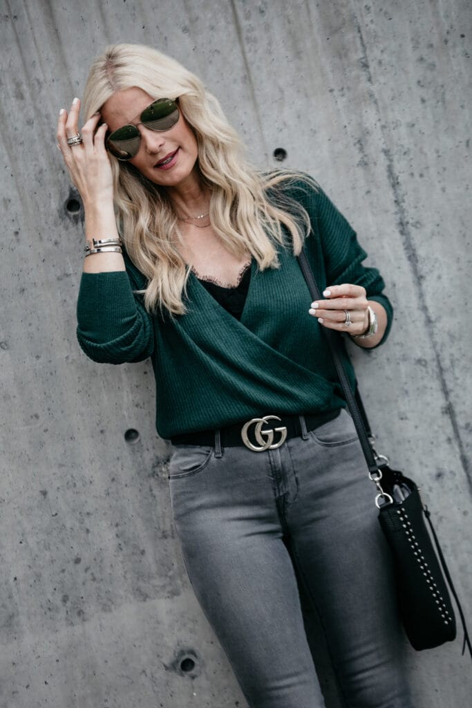 Wrap sweater, Gucci Belt, and Gray Skinny Jeans