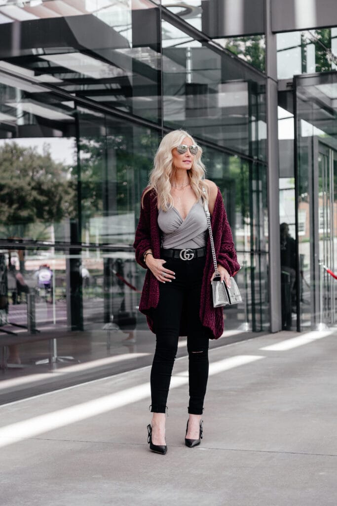 Free People Cardigan, Gucci Belt, and Good American Jeans