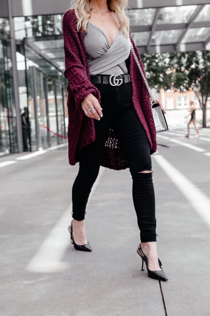 Gucci Belt, black skinny jeans, and Free People Cardigan