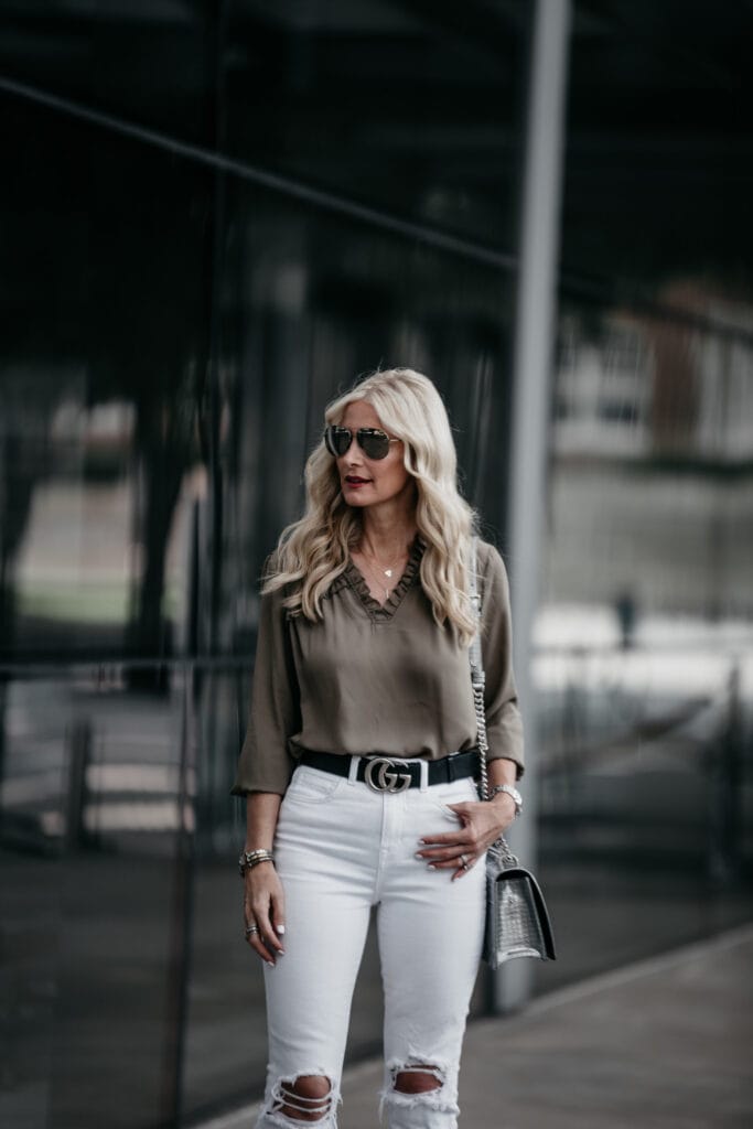 Ivanka Trump ruffle top and Gucci belt