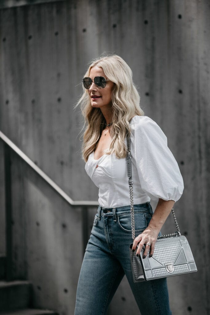 Silver Dior Handbag and white top