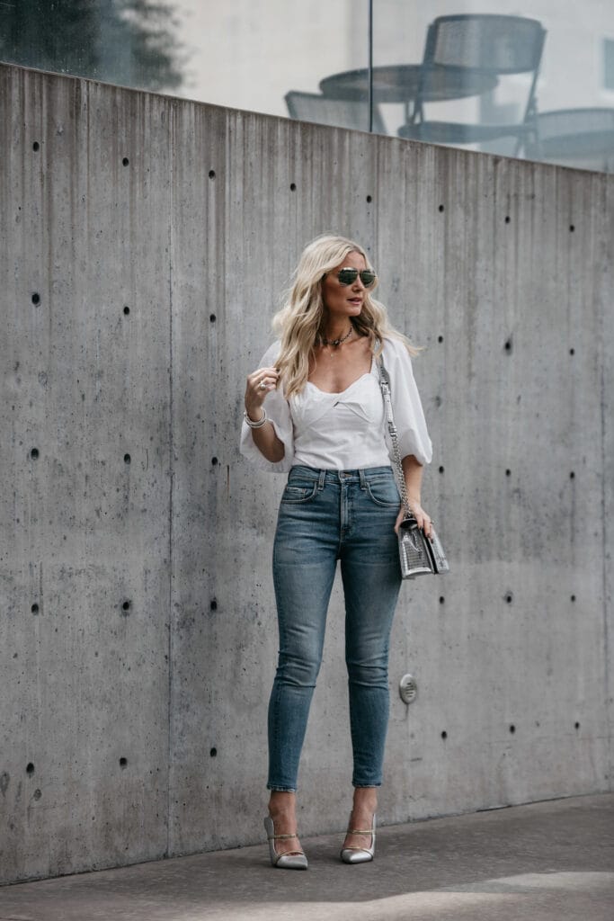 White top, Veronica Beard Jeans and Dior Bag