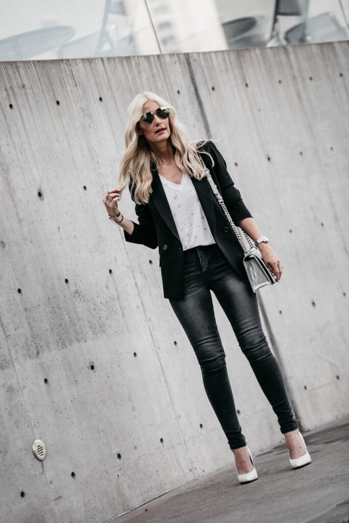 J Crew blazer and Marc Fisher white pumps