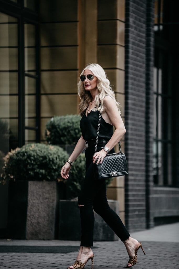 Chanel Bog Bag, Gucci Belt, and leopard heels