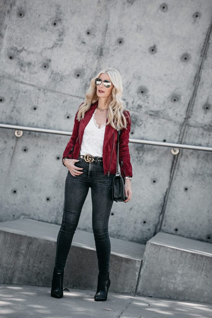 Dallas Style blogger wearing red moto jacket and Gucci Belt