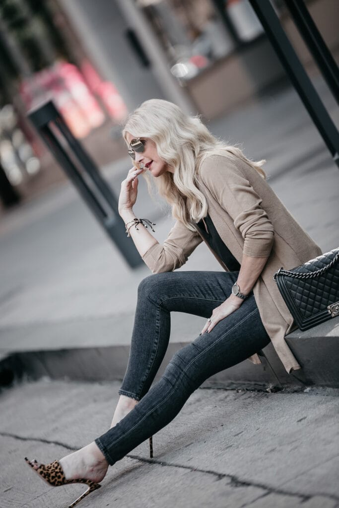 Dallas style blogger wearing leopard heels and J Jill Camel Cardigan