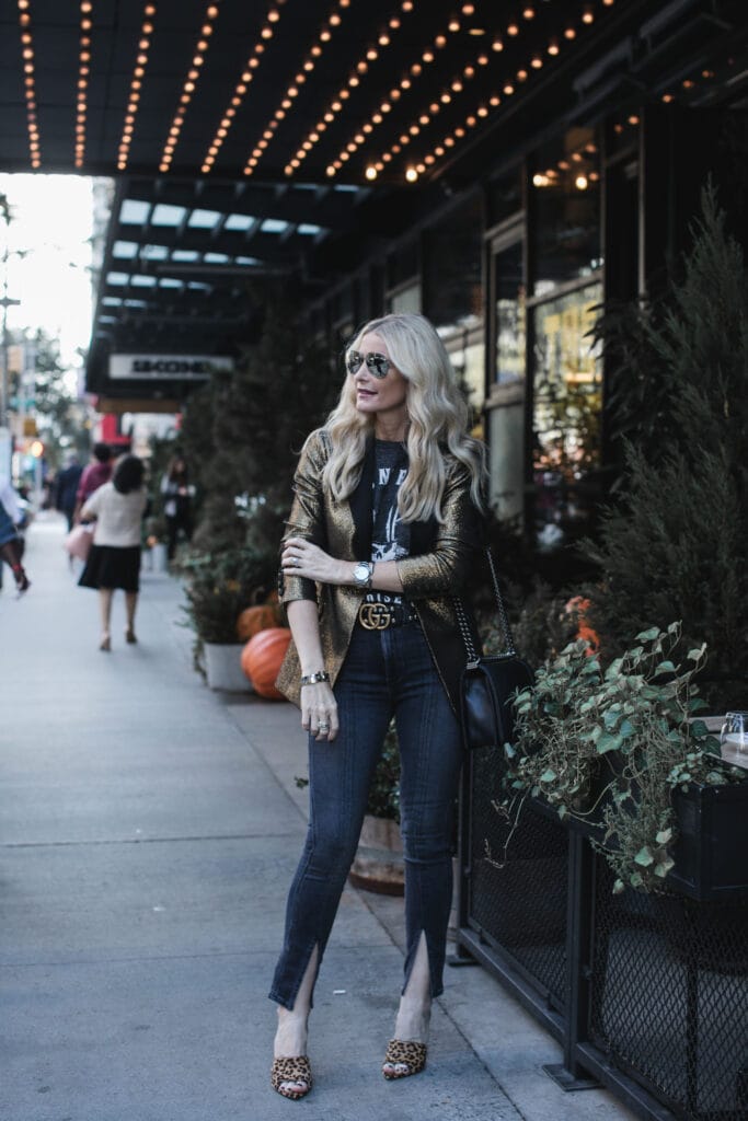 Black and Gold blazer, vintage tee, and gray skinny jeans