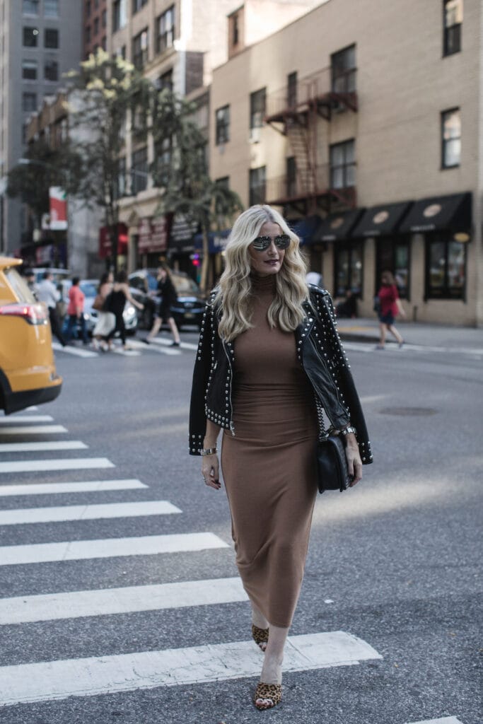 Enza Costa midi dress and black leather jacket