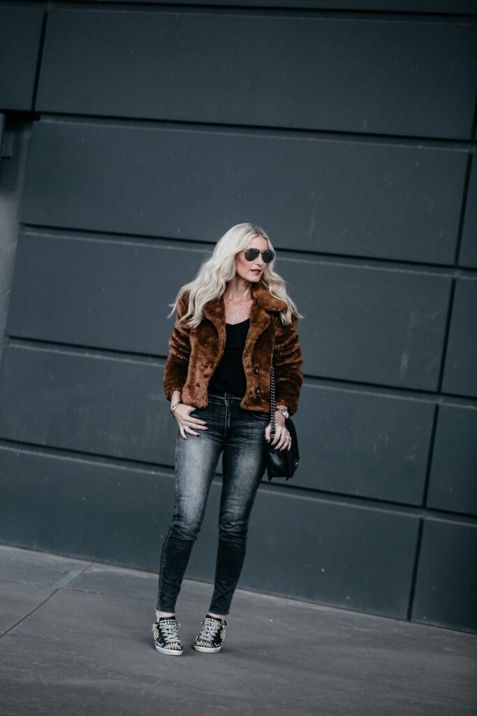 Faux fur jacket and Golden Goose Sneakers