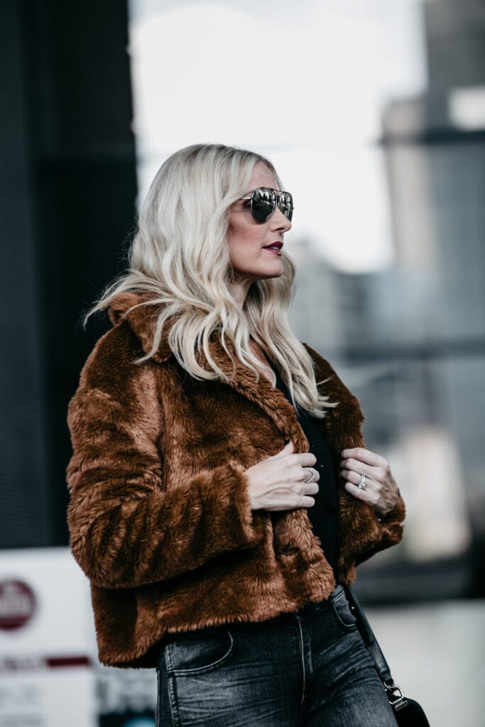 Dallas blogger wearing Free People faux fur jacket