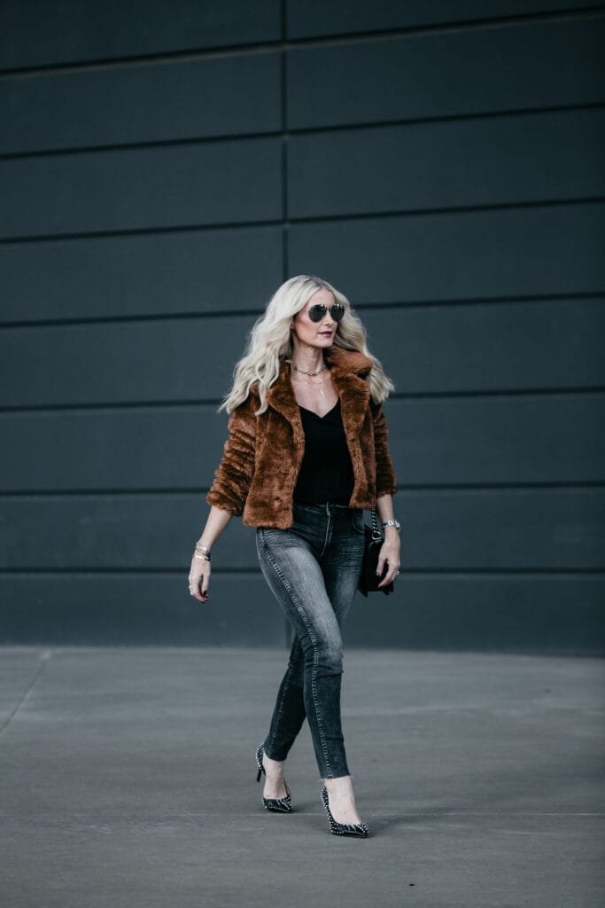 Dallas fashion blogger wearing Free People faux fur jacket