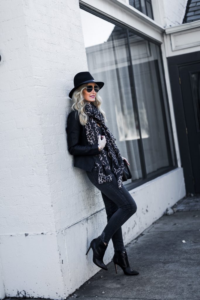 Leopard scarf, Veronica Beard ankle booties, and black fedora hat 