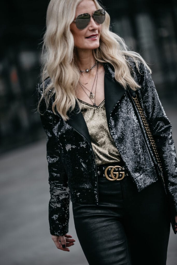 Dallas blogger wearing Gucci belt and leather pants