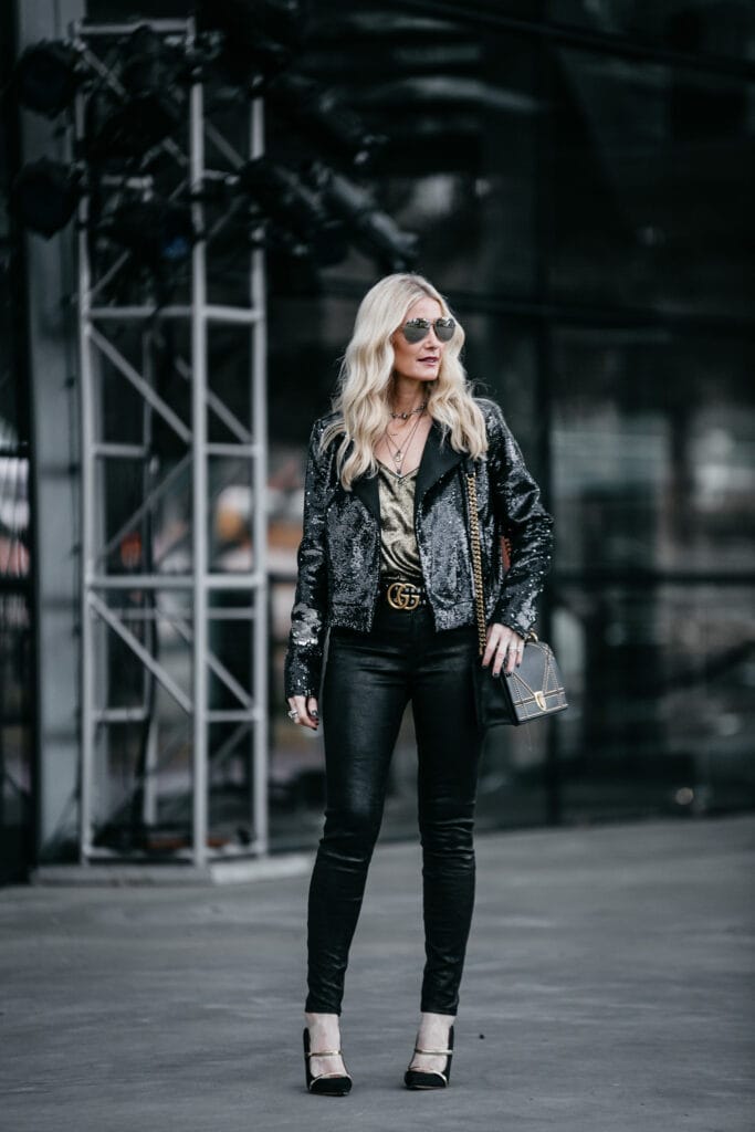 Dallas style blogger wearing Rachel Zoe Sequin moto jacket