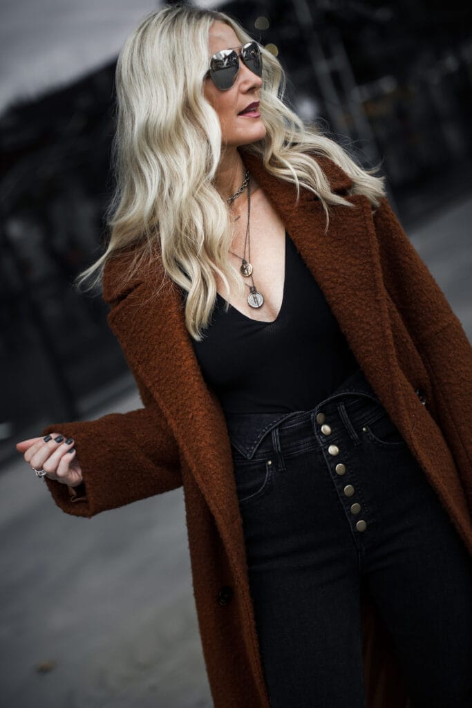 Mother denim button fly jeans and Topshop coat