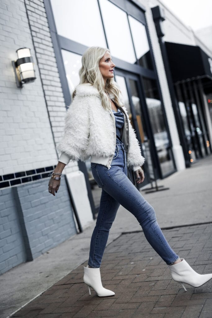 Dallas blogger wearing Marc Fisher white booties