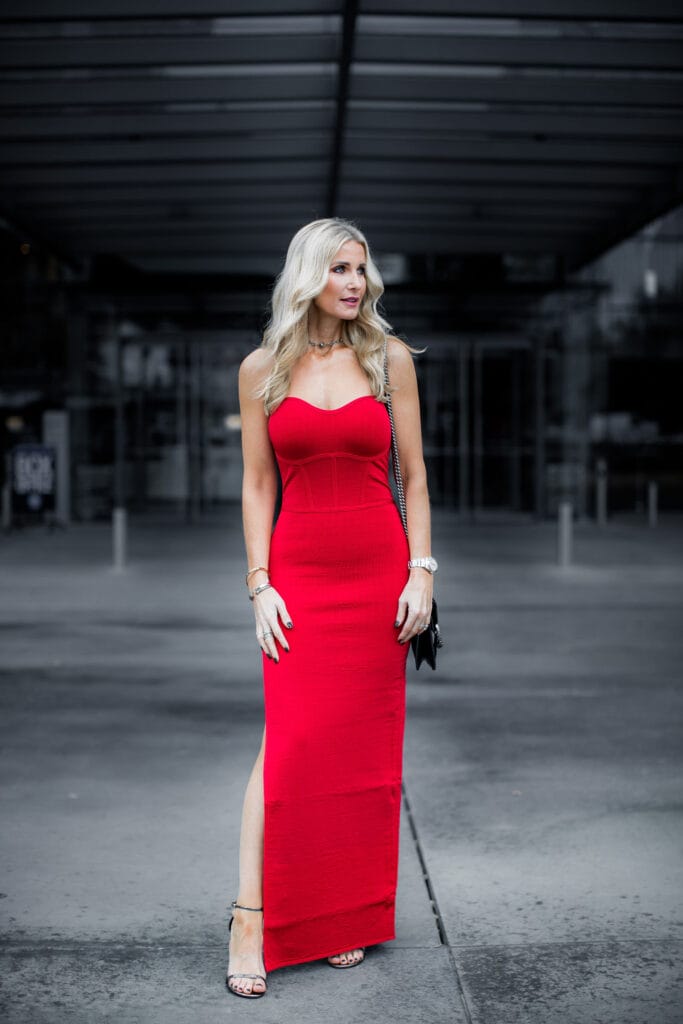 Dallas blogger wearing red maxi dress