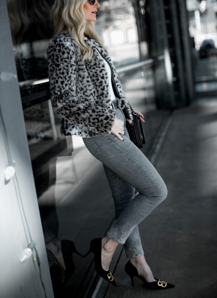 Dallas blogger wearing Citizens of Humanity jeans and leopard teddy coat 