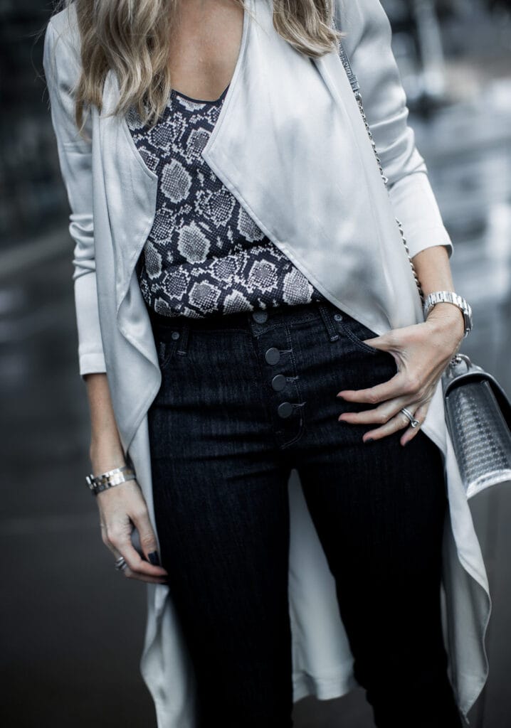 Snake print cami, trench coat and black Parker Smith jeans