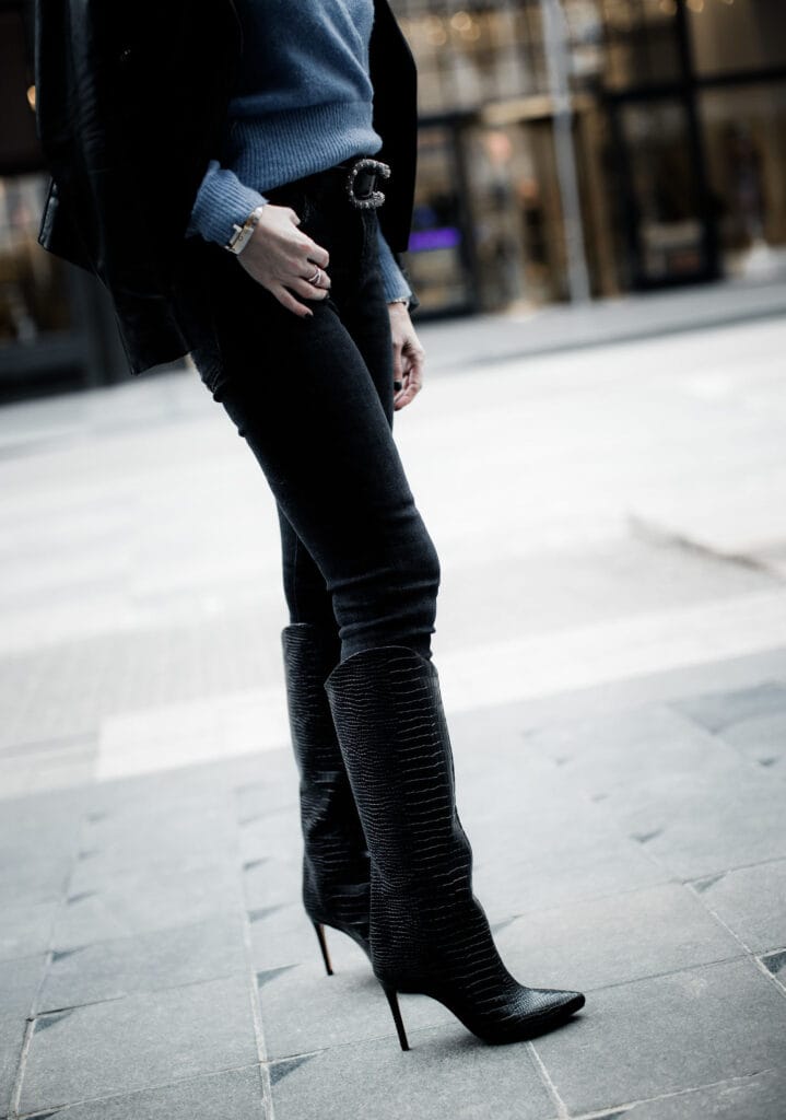 Schutz knee high boots on Dallas blogger
