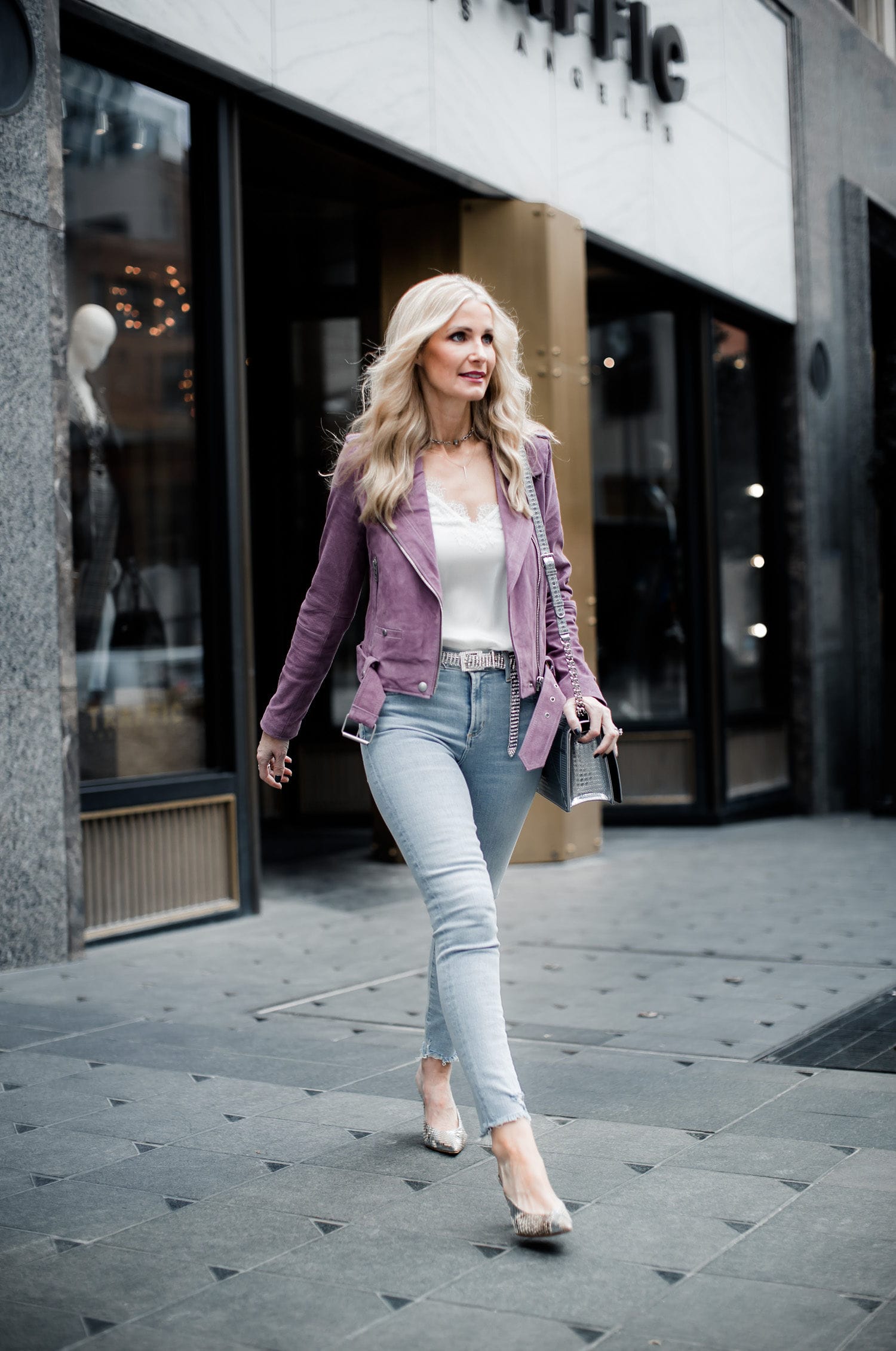 Dallas fashion blogger wearing Blanknyc suede moto jacket